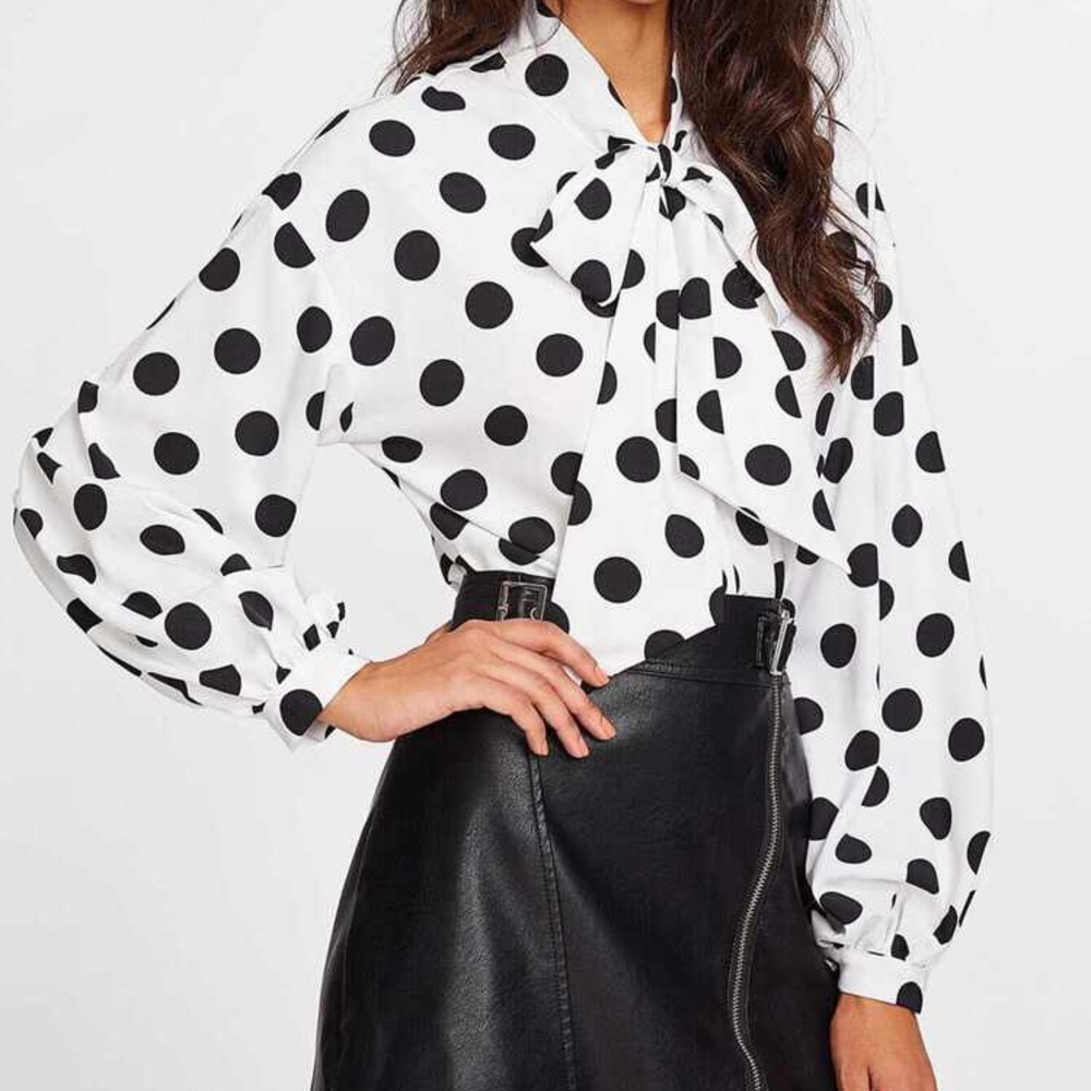 Lantern Sleeve, Self Tie Neck, Polka Dotted Blouse - Picture 3 of 6